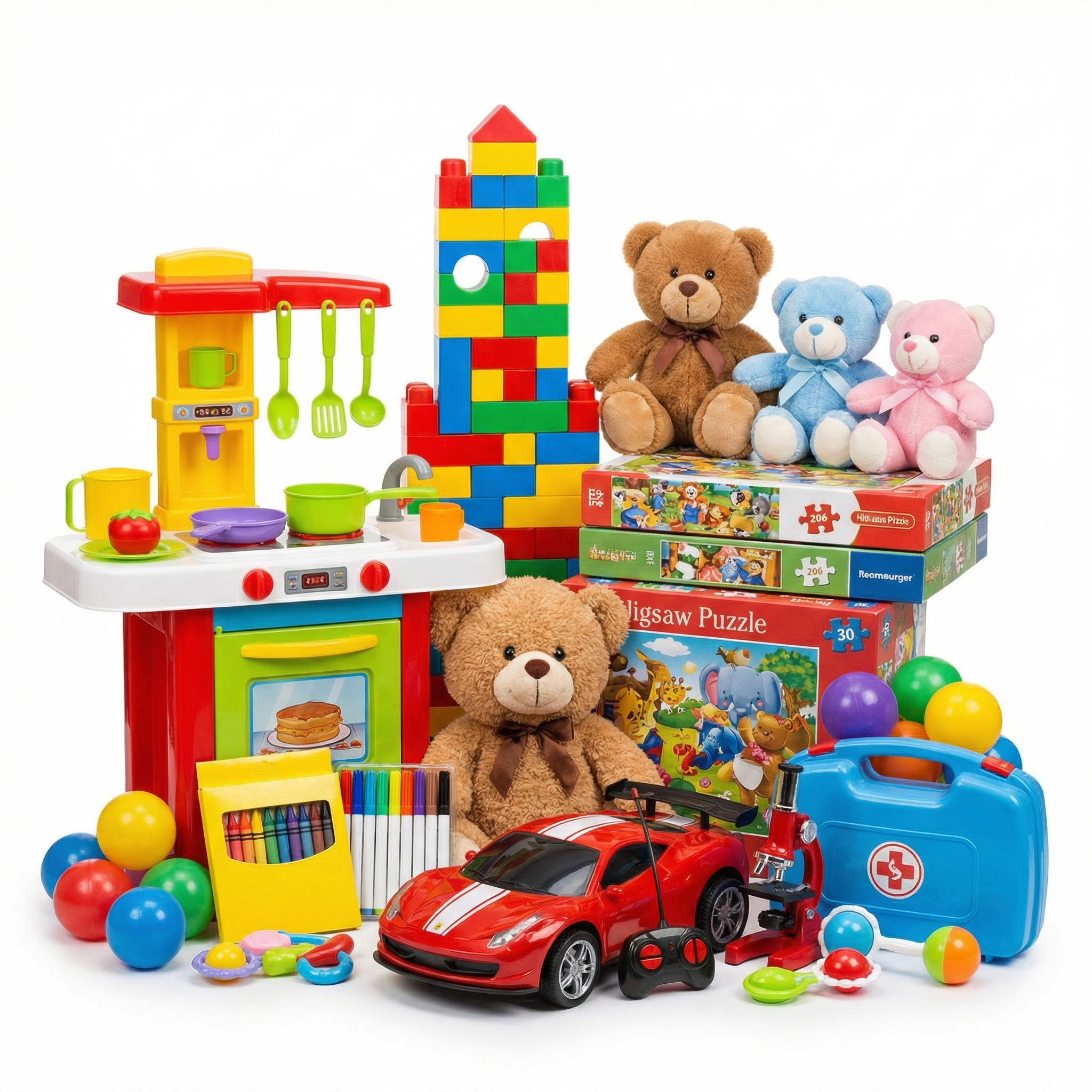 Jigsaw puzzles, building blocks, STEM toys, pretend play toys