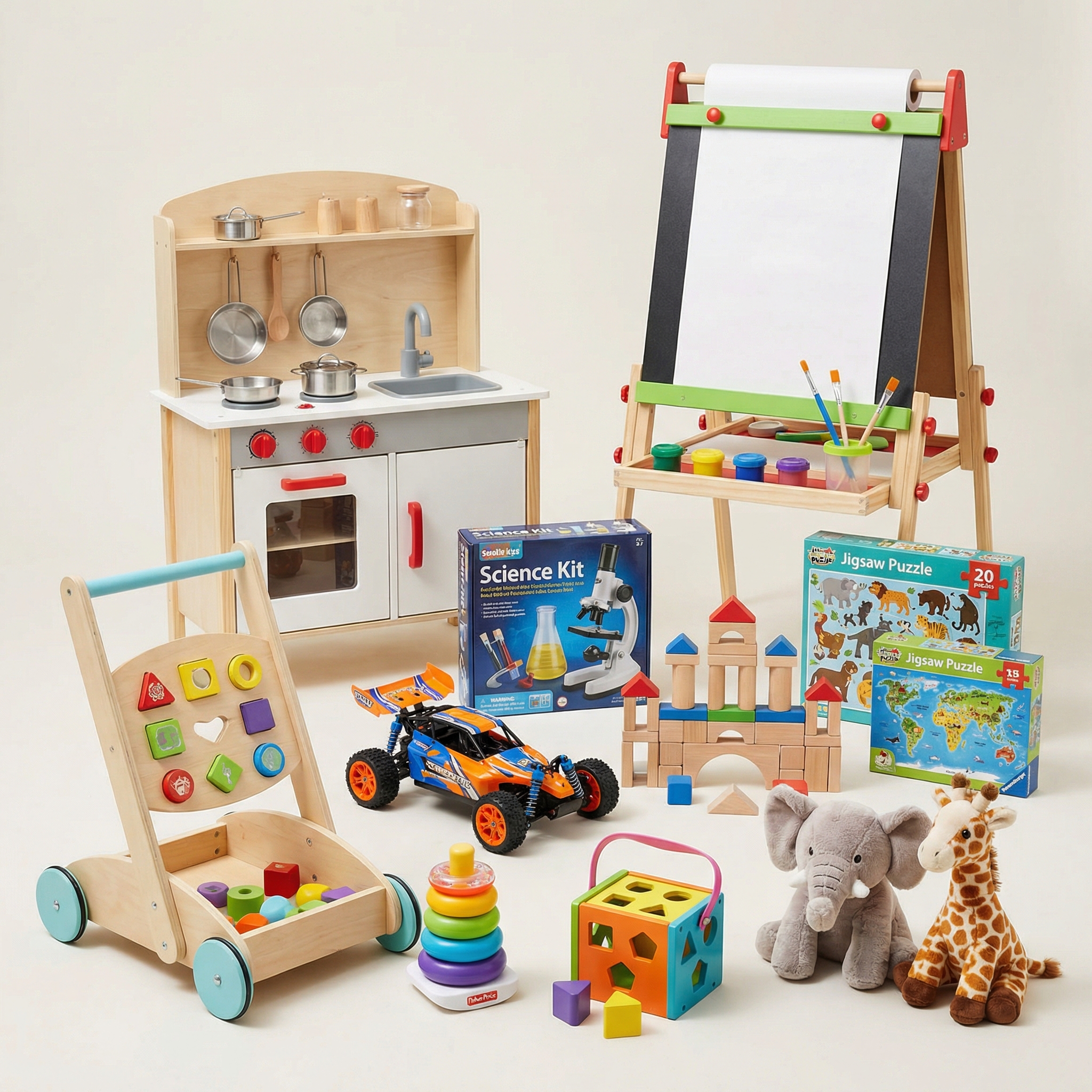 Jigsaw puzzles, building blocks, STEM toys, pretend play toys